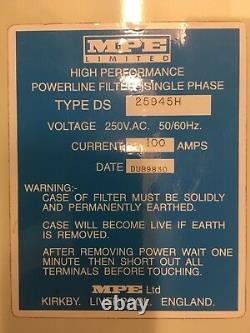 MPE High Performance 100amp Power Line Filter Single Phase 250v Ac. 50/60 Hz